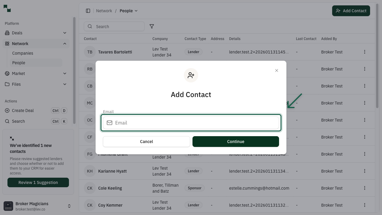 Add Contact modal with email field highlighted