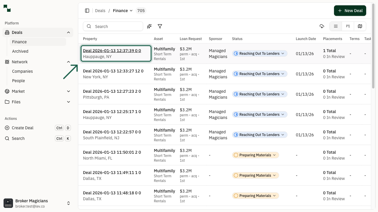 Deals list showing how to select a deal