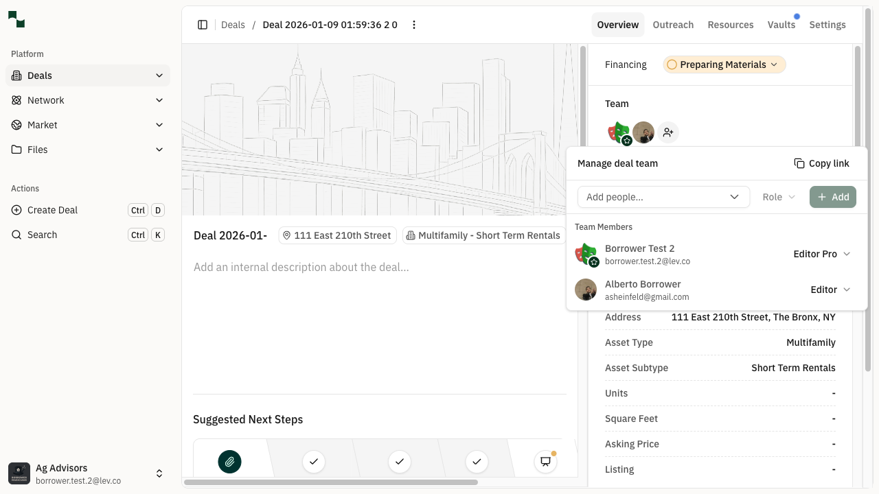 Manage deal team panel with Add people dropdown highlighted