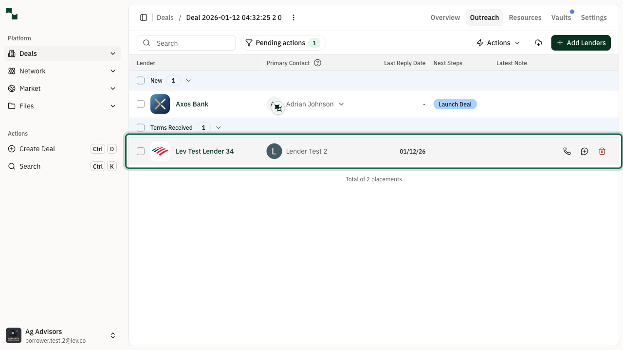 Deal Outreach tab showing lenders table