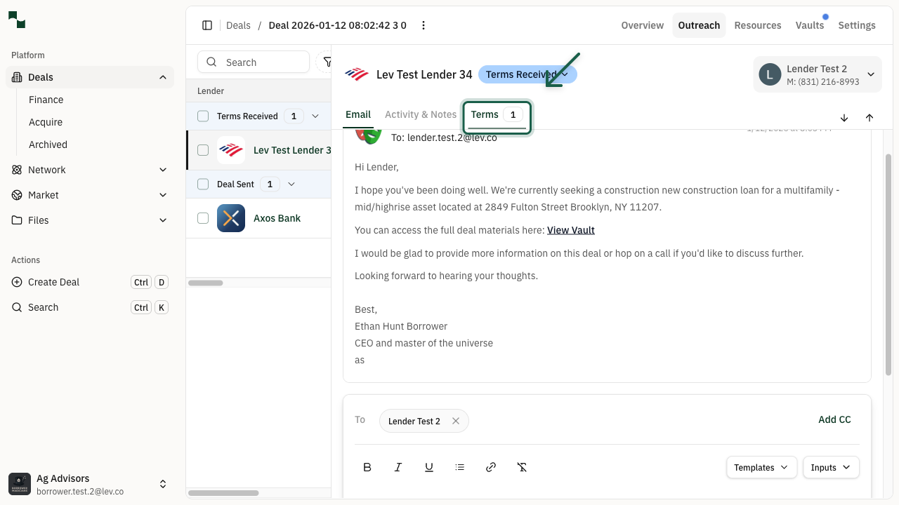 Outreach tab with lender selected showing Terms tab