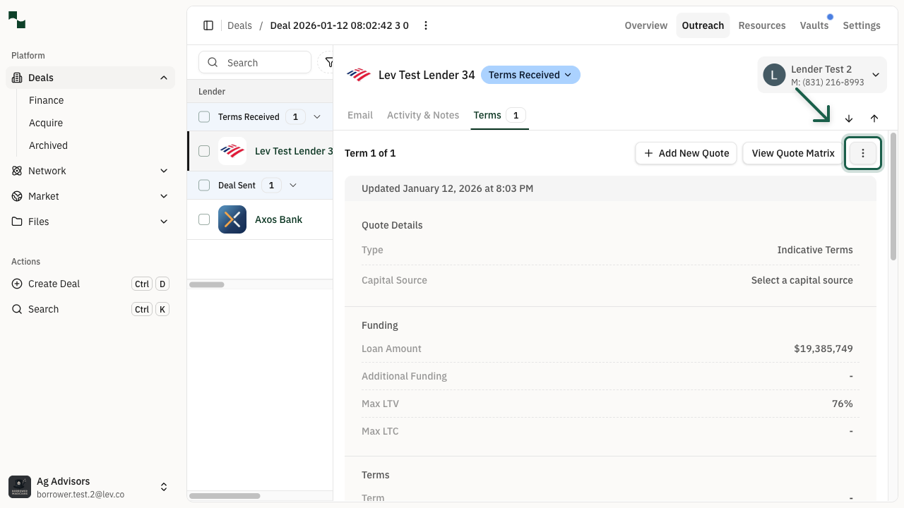 Terms tab showing quote details with Edit options button highlighted