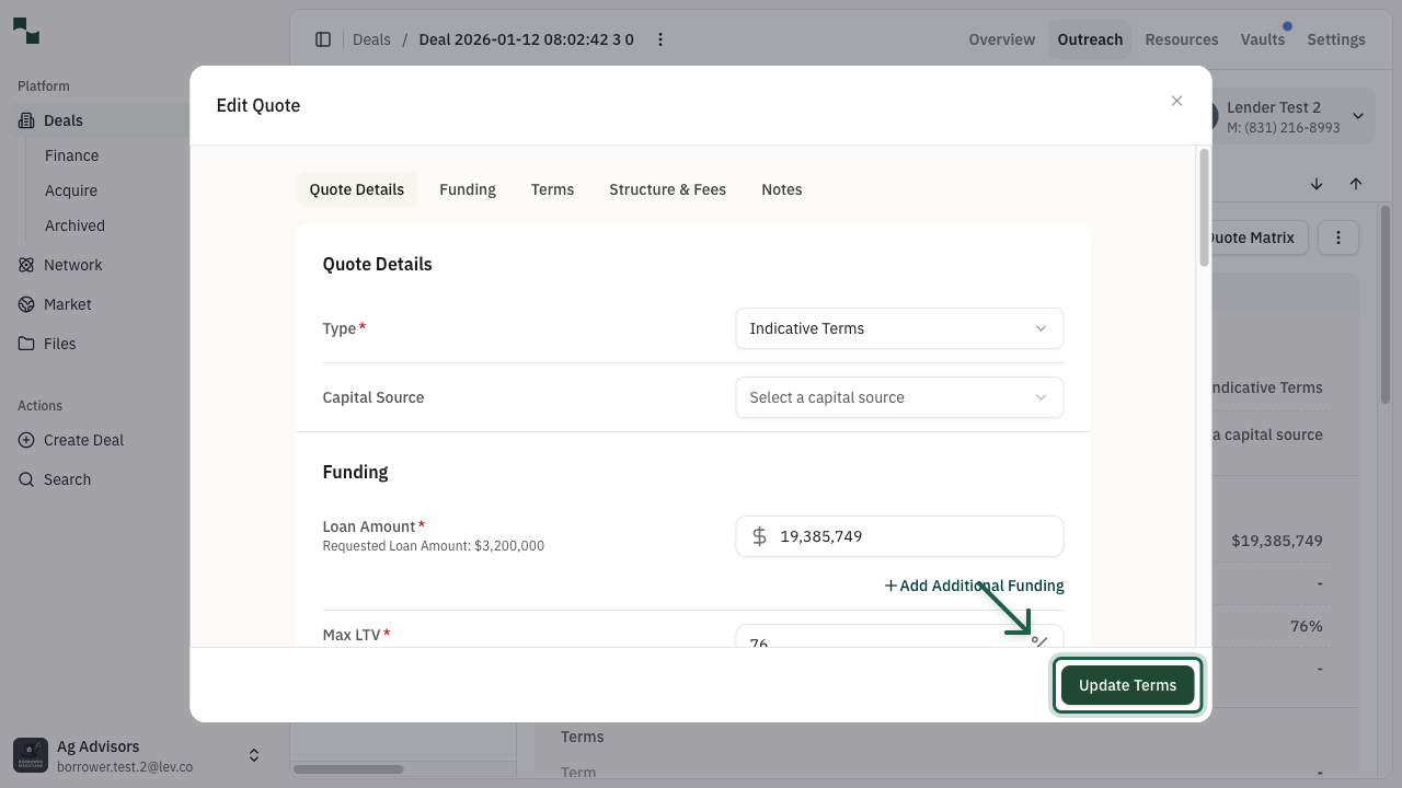 Edit Quote dialog with Update Terms button highlighted
