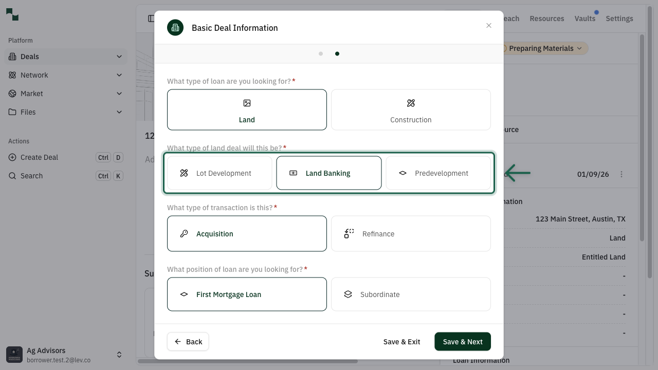 Land deal type options: Lot Development, Land Banking, Predevelopment