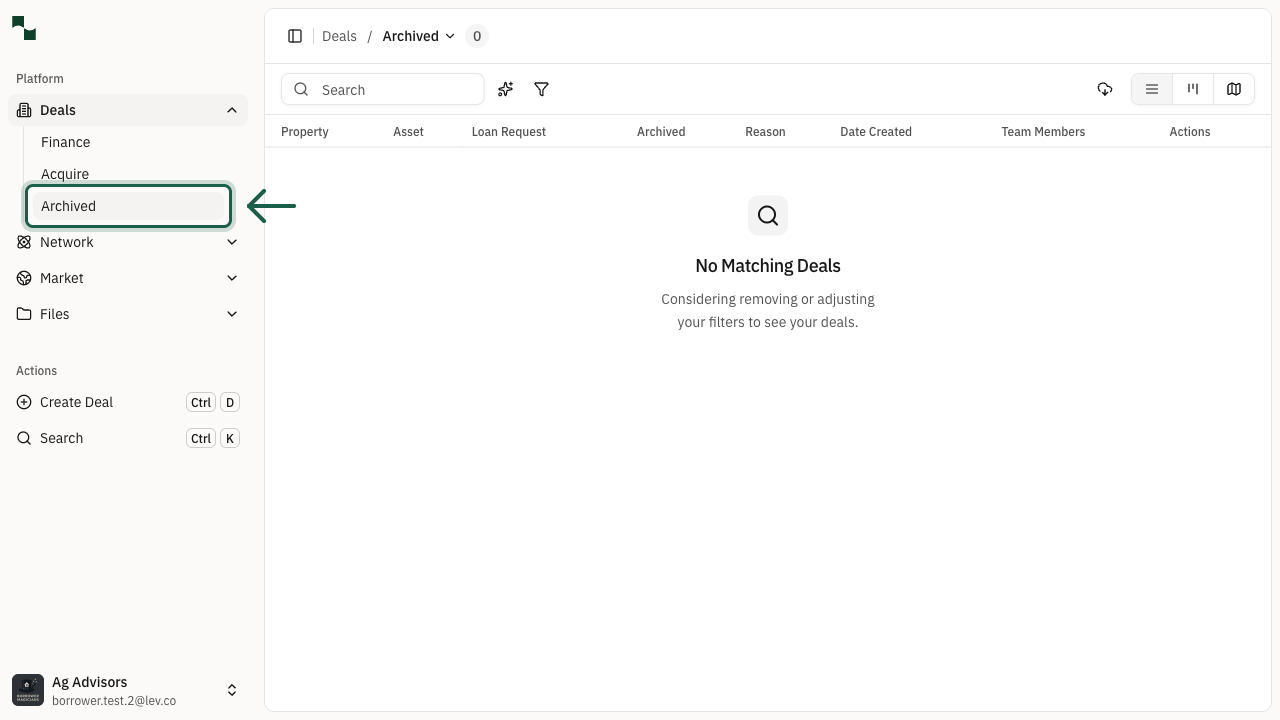 Archived deals menu item highlighted