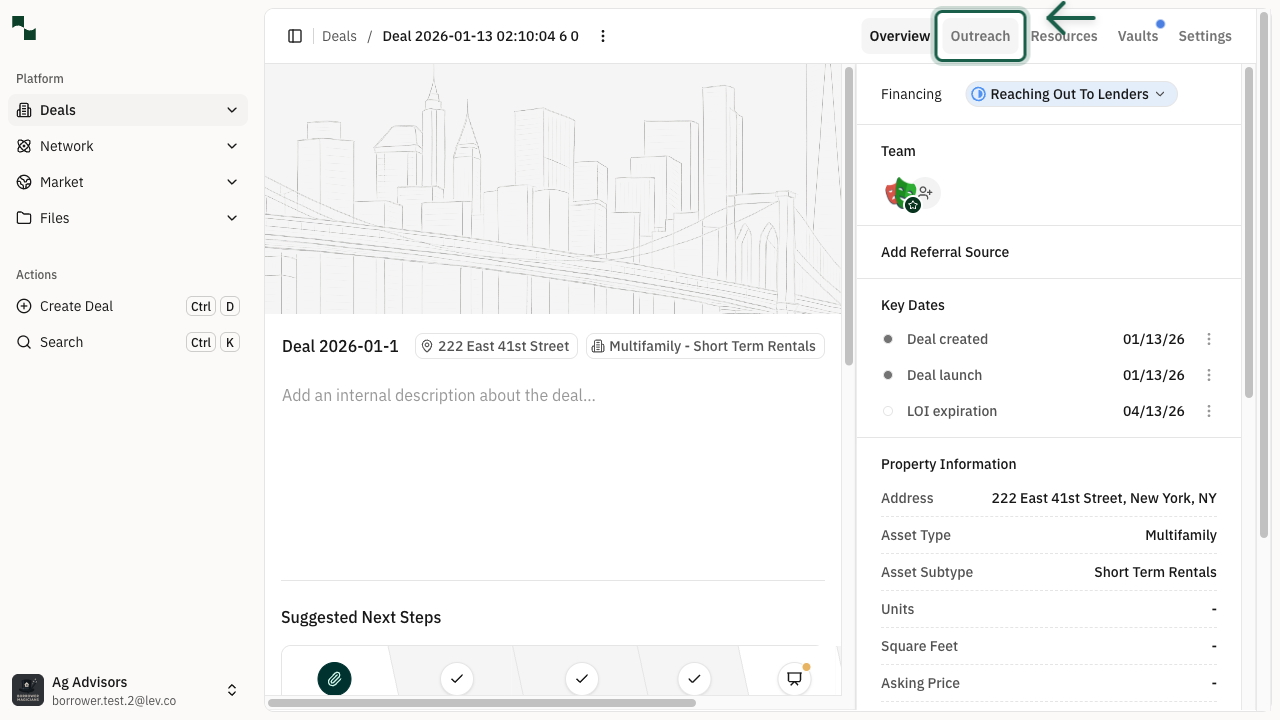 Deal overview page with Outreach tab highlighted