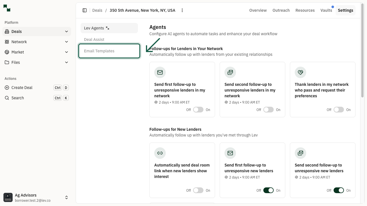 Settings page with Email Templates link highlighted