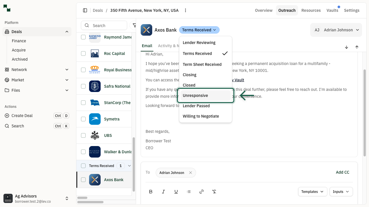 Status dropdown with Unresponsive option highlighted